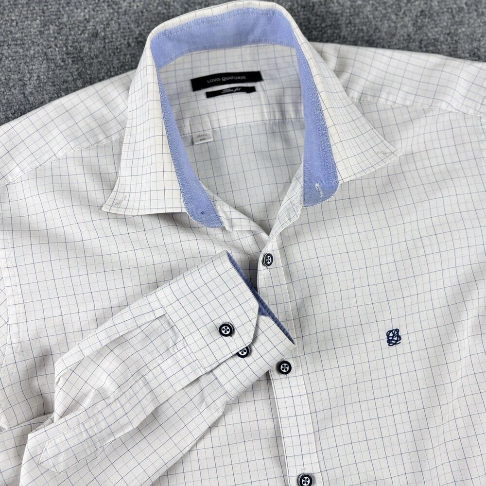 Louis Quatorze Mens 100 Shirt White Blue Grid Slim Fit Long Sleeve
